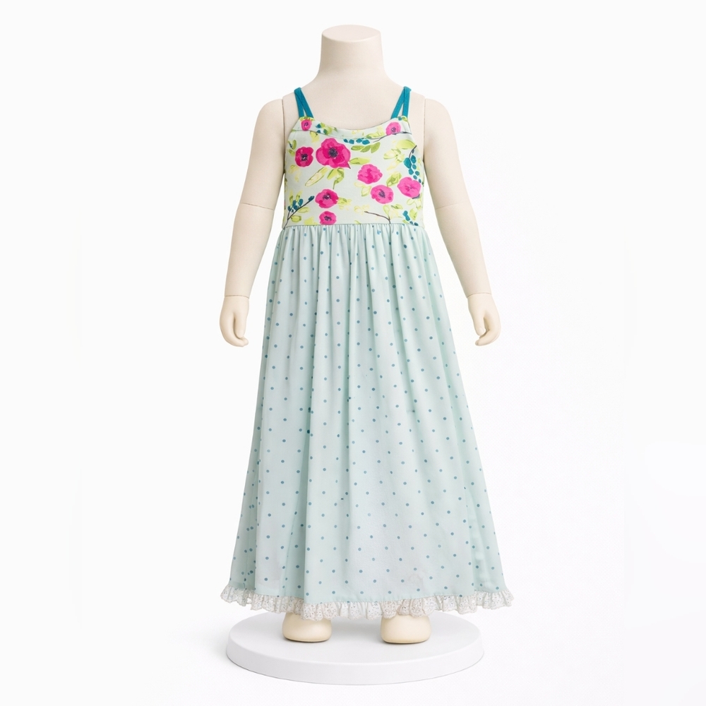 SweetHoney Floral and Polka Dot Dress with Lace Trim